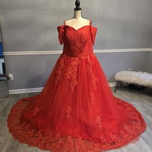 Elegant Red Lace Off-Shoulder Gown Wedding Prom Dress